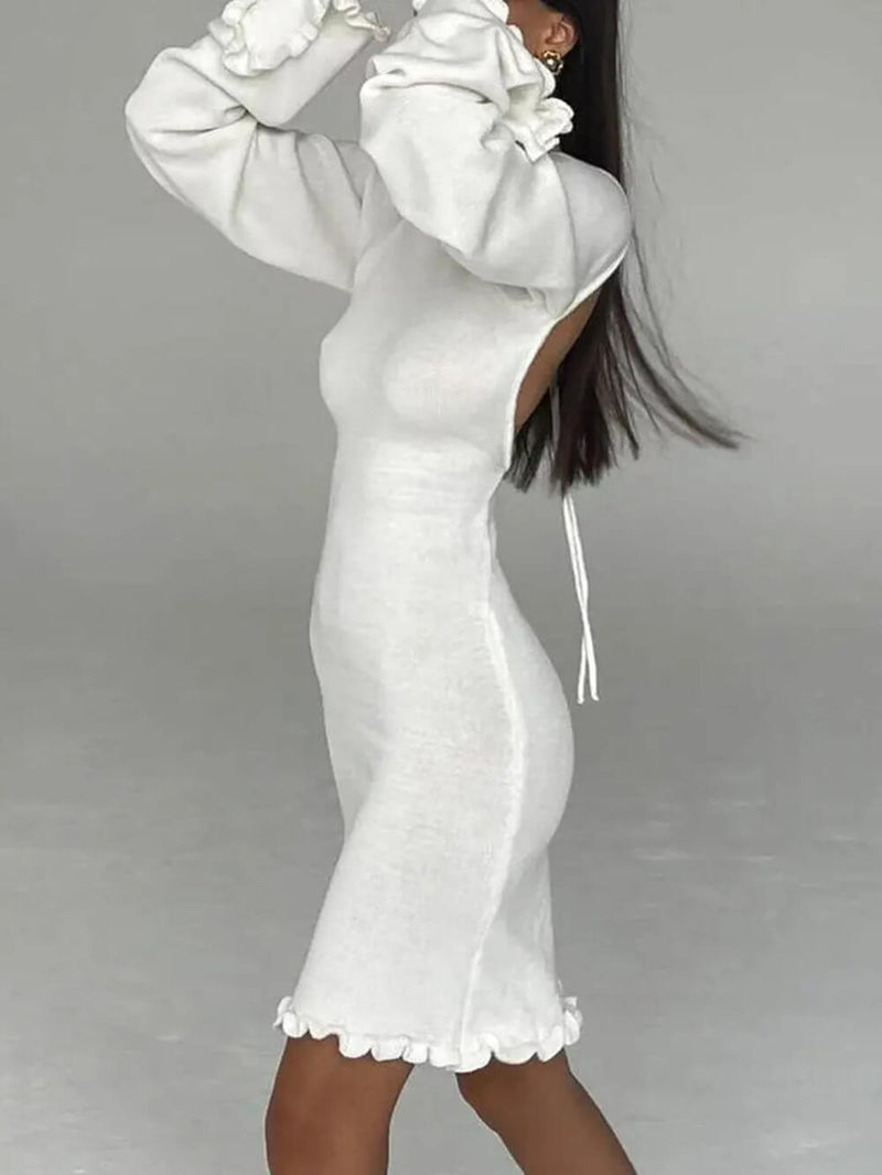 Yuvarlak Yaka Volan Kol Kısa Elbise