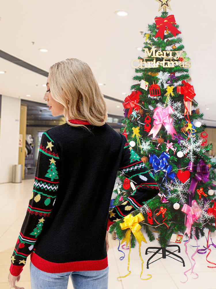 Yuvarlak Yaka Bol Kesim Noel Nakışlı Payet Örgü Kazak