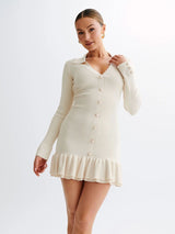 Fırfırlı İnci Düğmeli Triko Mini Elbise