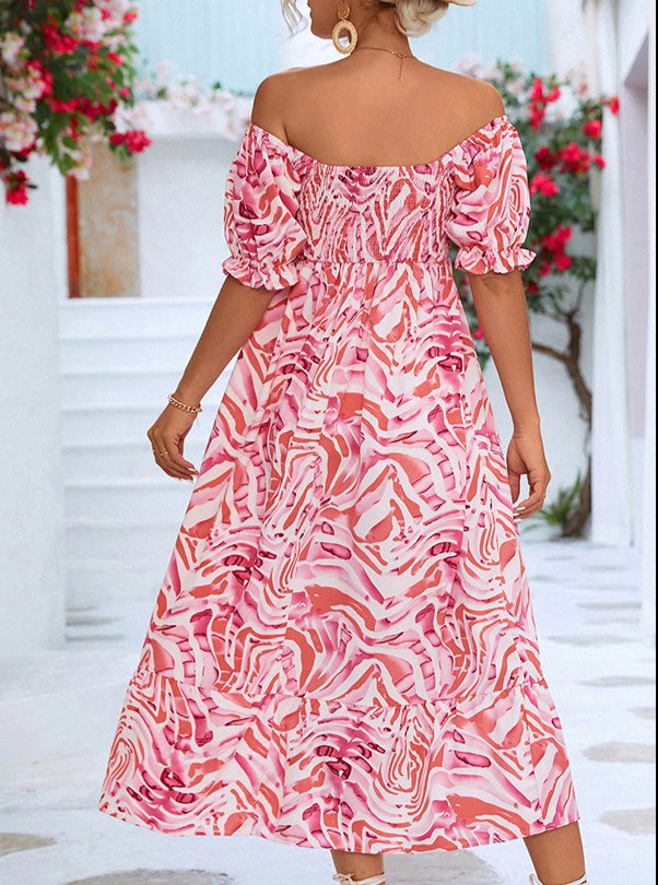 Büzgülü Desenli Omuzu Açık Midi Elbise