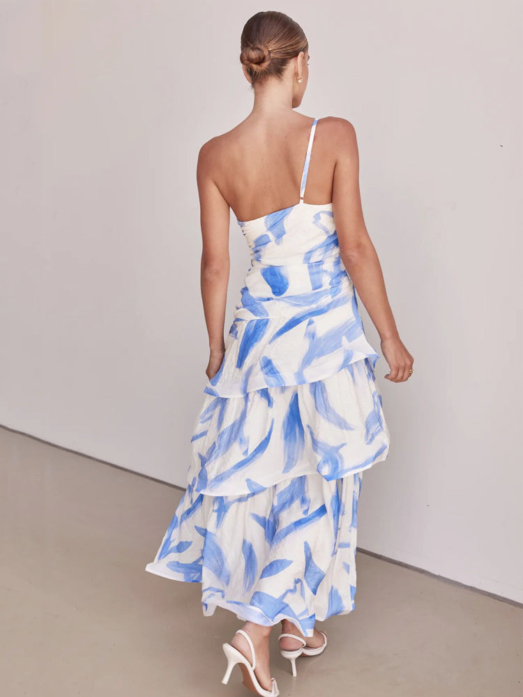 Tek Omuzlu Askılı Çiçek Desenli Elbise