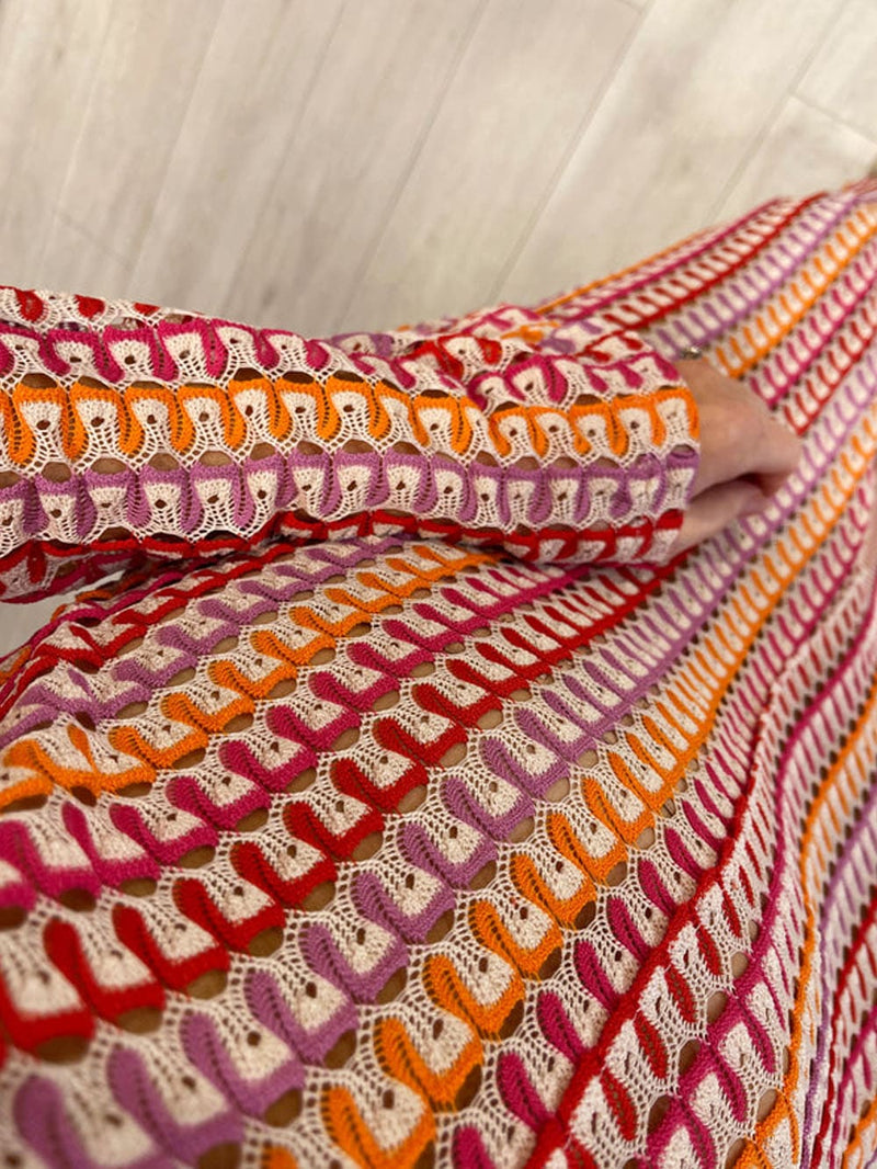 Boho V Yaka Çan Kol Dalgalı Çizgili Tığ İşi Plaj Tatili Maxi Elbise - Kırmızı