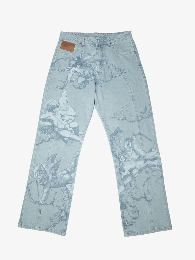 Aşk Tanrısı Desenli Yıkanmış Mavi Kot Pantolon