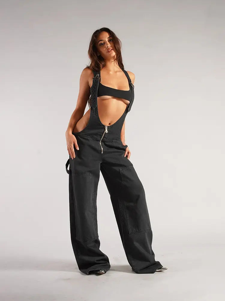 Fermuar Askılı Kot Tulum