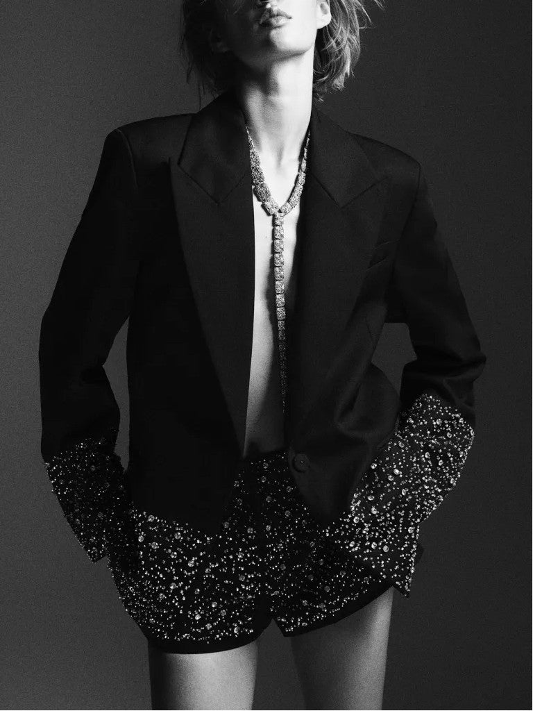 Taş Süslemeli İpek Ceket Şort Takımı