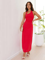 Günlük Düz Renk Kolsuz Sırtı Açık Boyundan Bağlamalı Midi Elbise