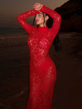 Şeffaf Dantel Balıkçı Yaka Elbise