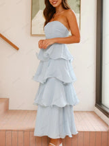 Şık Askısız Sırt Dekolteli Katmanlı Midi Elbise