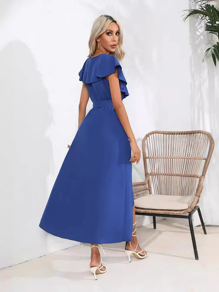 Vintage Volanlı V Yaka Elbise