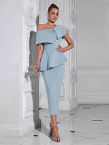 Mavi Volanlı Tek Omuz Elbise