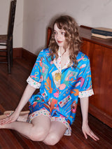 Kırtasiye Baskı Günlük Kısa Kollu Rahat Giyim Seti - Mavi