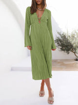 Mountain Vistas Dökümlü Pileli Çan Kol Midi Elbise