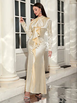 Uzun Kollu Omuz Açık Bağlama Elbisesi