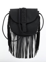 Dokuma Yarı Dairesel Deri Püsküllü Çapraz Çanta