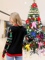 Yuvarlak Yaka Bol Kesim Noel Nakışlı Payet Örgü Kazak