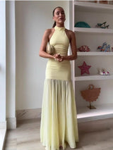 Tulle Hanging  Neck Panel Evening Gown