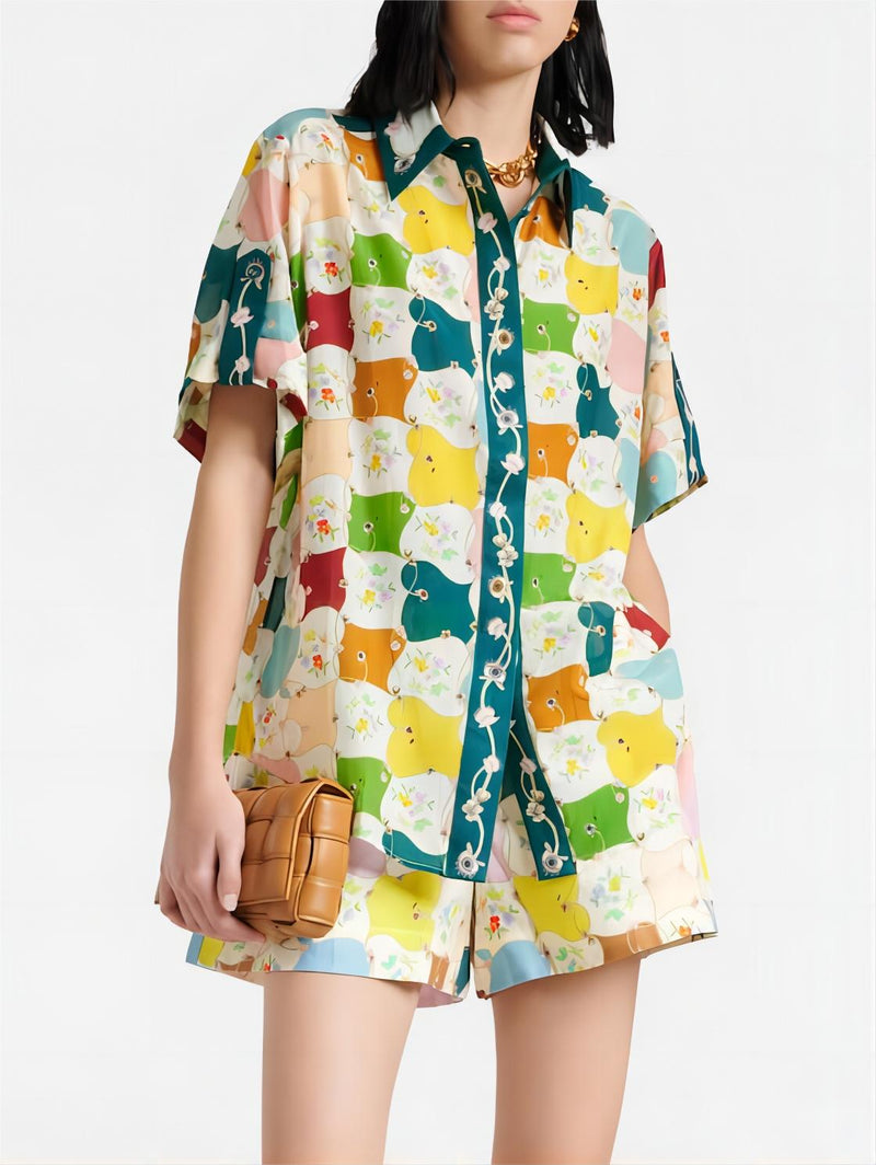 Modaya uygun Graffiti Baskılı Gömlek Şort Takımı