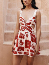 Çiçekli Dekoratif Benzersiz Baskı V Yaka İçi Boş A-Line Mini Elbise