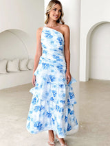 Tek Omuzlu Askılı Çiçek Desenli Elbise