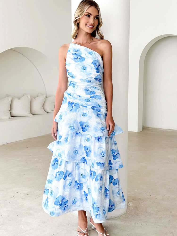 Tek Omuzlu Askılı Çiçek Desenli Elbise