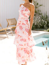 Tek Omuzlu Askılı Çiçek Desenli Elbise