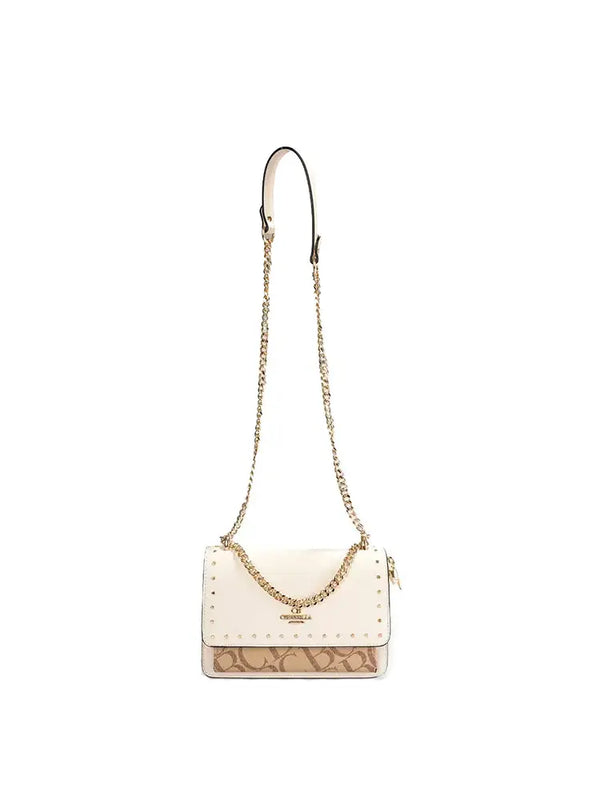 Studded Letter Print Chain Top Handle Bag