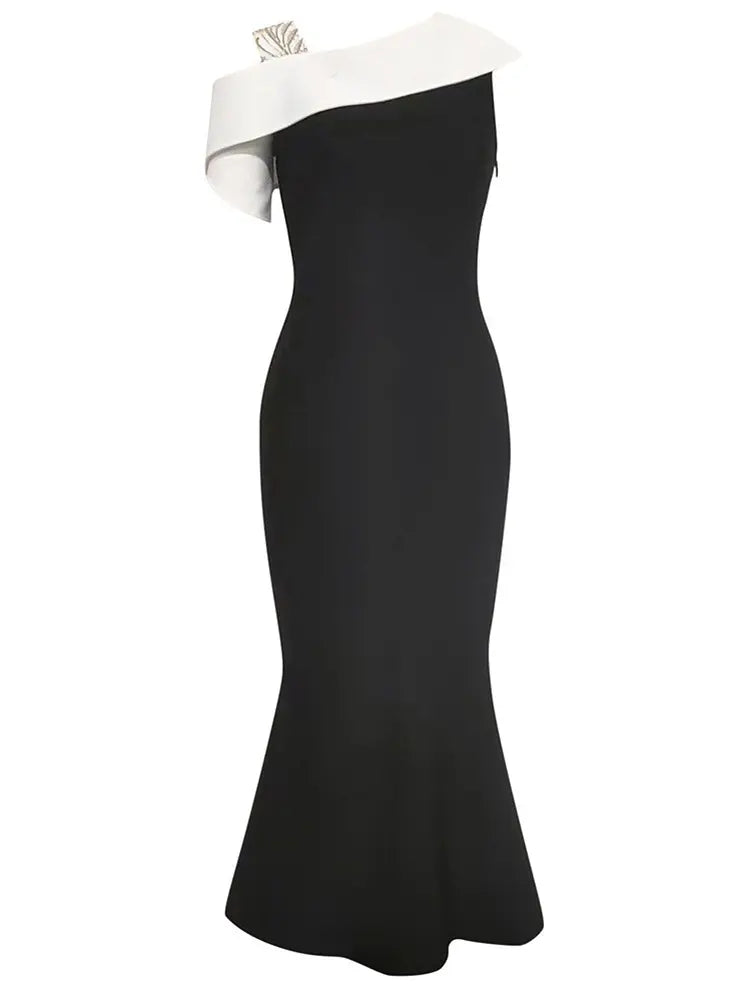 Seksi Renk Bloklu Asimetrik Bodycon Elbise