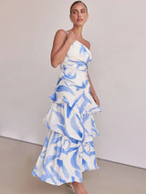 Tek Omuzlu Askılı Çiçek Desenli Elbise