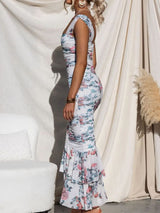 Kalp Boyun Askılı Baskılı Pileli File Maxi Elbise