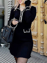 Uzun Kollu Yaka Detaylı Triko Mini Elbise