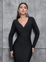 Seksi V-Yaka Fringeli Bandaj Elbise