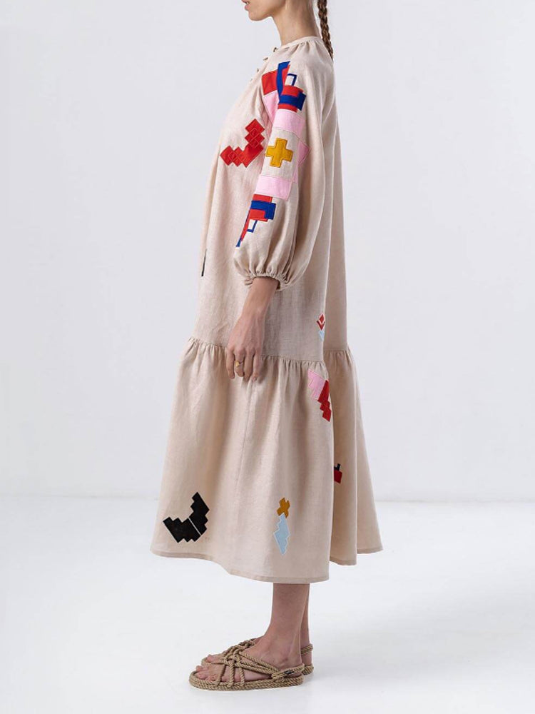 Bol Kesim Baskılı Fener Kol Rahat Elbise