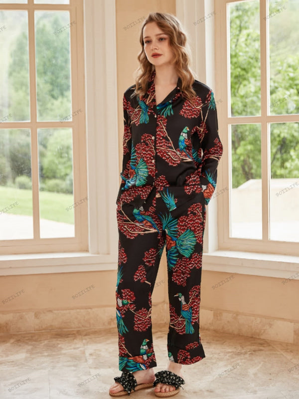 Cennet Kuşu Desenli Buz İpek Uzun Kollu Pijama Takımı
