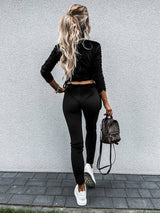 Günlük Günlük Tek Renk Büzme İpli Katlama Balıkçı Yaka Uzun Kollu İki Parça