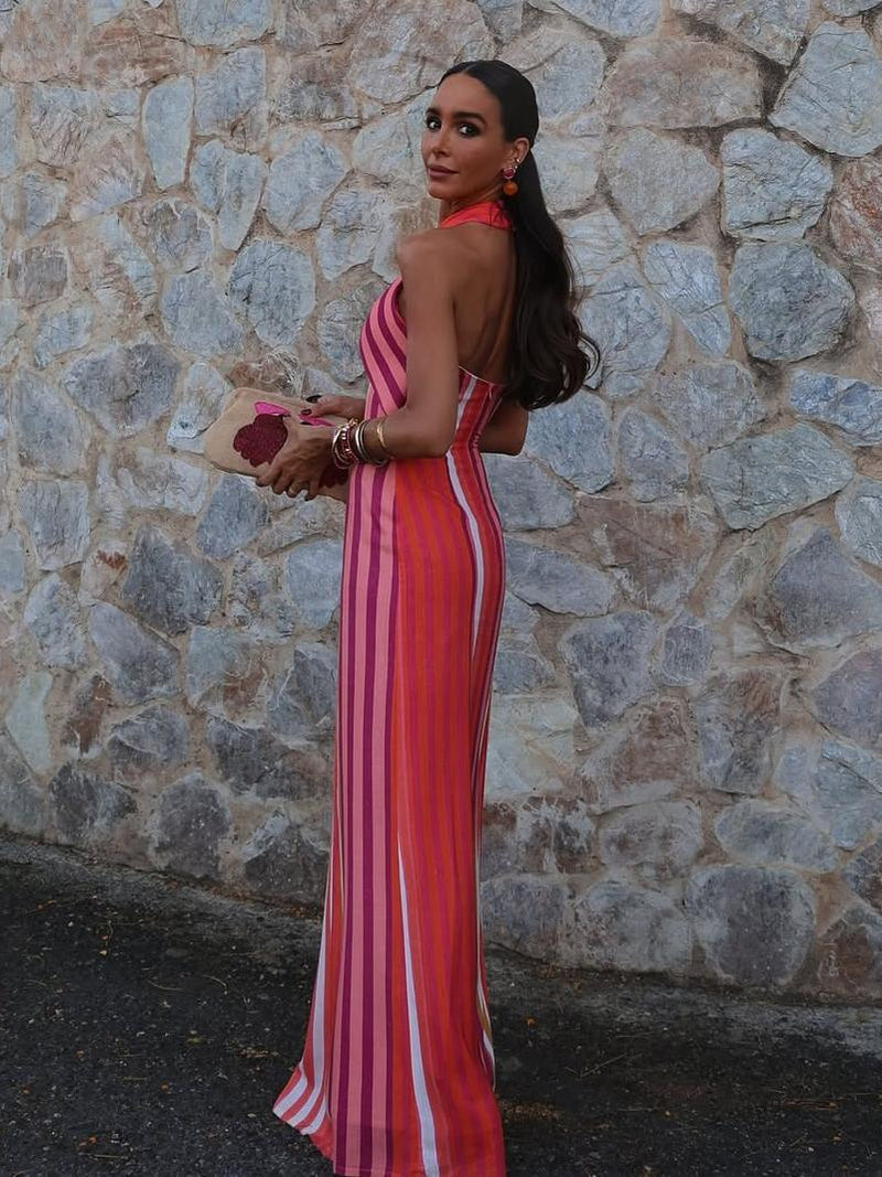 Sunset Samba Cross-Halter Stripe Dress