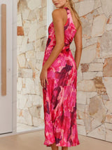 Plise Tek Omuz Kesik Bel Çiçekli Elbise