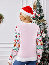 Bol Kesim Yuvarlak Yaka Noel Karikatür Örgü Kazak - Pembe