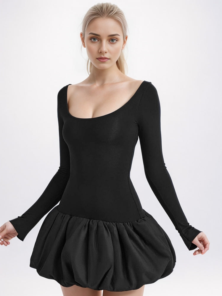 Şık U-Yaka Renk Bloklu Elbise