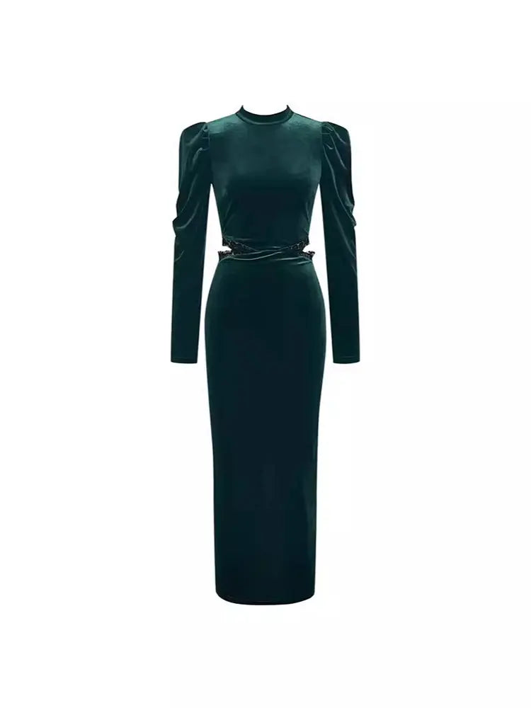 Kadife Dantel Kesim Gece Elbisesi