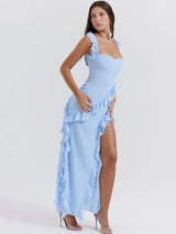 Fırfırlı Uzun Askılı Elbise - Mavi