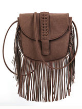 Dokuma Yarı Dairesel Deri Püsküllü Çapraz Çanta