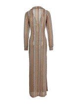 Boho Yaka V Yaka Ayrık Dalgalı Çizgili Tığ İşi Plaj Tatili Maxi Elbise - Kahverengi