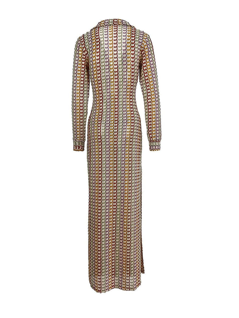 Boho Yaka V Yaka Ayrık Dalgalı Çizgili Tığ İşi Plaj Tatili Maxi Elbise - Kahverengi