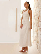 Günlük Düz Renk Kolsuz Sırtı Açık Boyundan Bağlamalı Midi Elbise