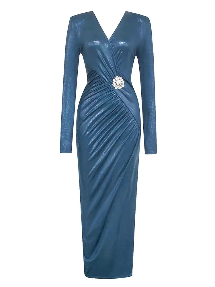 Vintage Plise Yan Yırtmaç Elbise