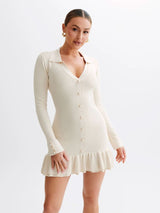 Fırfırlı İnci Düğmeli Triko Mini Elbise