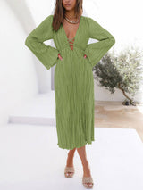 Mountain Vistas Dökümlü Pileli Çan Kol Midi Elbise