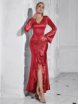 V-Yaka Büzgülü Asimetrik Akşam Elbisesi