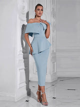 Mavi Volanlı Tek Omuz Elbise