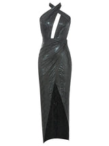 Seksi Sırt Dekolteli Halter Yırtmaç Elbise